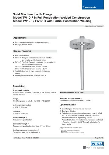 Solid Machined, with Flange Model TW10-F in ... - BKW Instruments