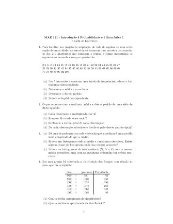 MAE 121 - IntroduÃ§Ëao `a Probabilidade e `a EstatÄ±stica I 1a Lista de ...