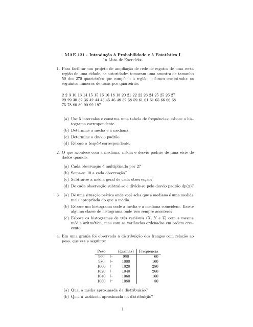 MAE 121 - IntroduÃ§Ëao `a Probabilidade e `a EstatÄ±stica I 1a Lista de ...