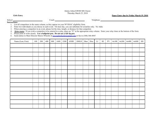 Jimmy Johns Invitational Entry Form 3/14/10 - RunWV.com