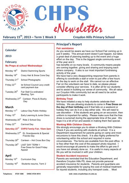 Newsletter Term 1 Week 3 - Croydon Hills Primary School