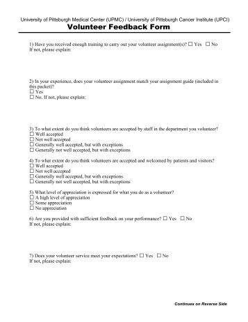 Volunteer Feedback Form - UPMC CancerCenter