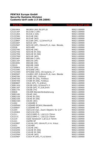 PENTAX Europe GmbH Security Systems Division Customs tarif code