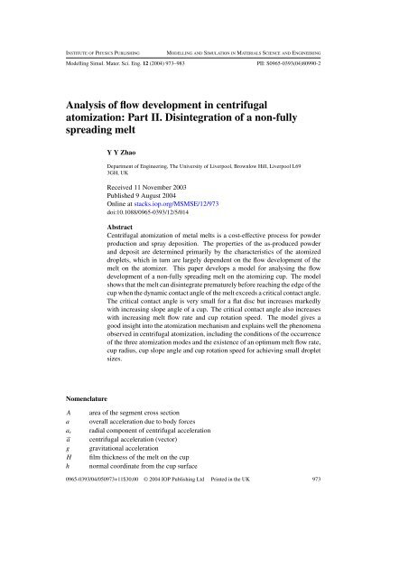 Analysis of flow development in centrifugal atomization: Part II ...