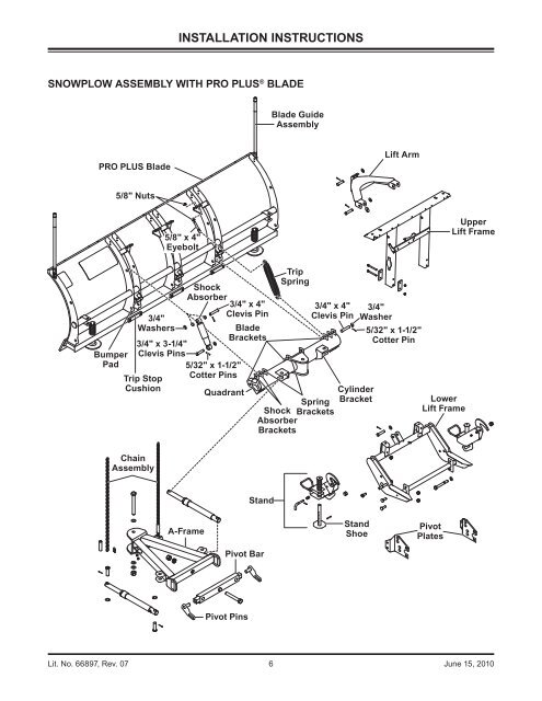 II PRO PLUS Snowplow #64750/64999/66901/66974/66980