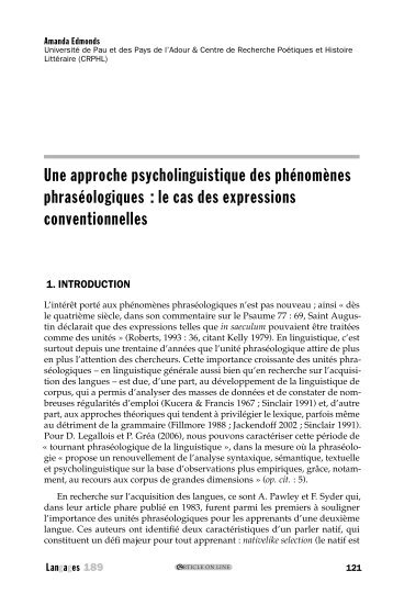 Une approche psycholinguistique des phÃ©nomÃ¨nes phrasÃ©ologiques