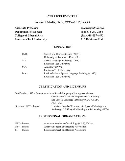 CURRICULUM VITAE Steven G. Madix, Ph.D., CCC-A/SLP, F-AAA ...