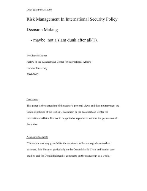 Risk Management In International Security Policy Decision Making ...