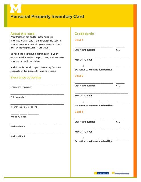 Personal Property Inventory Card - University Housing