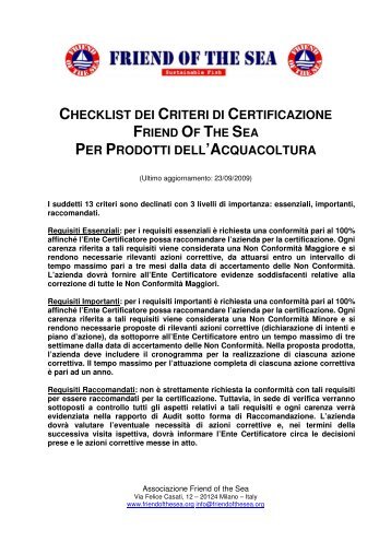 checklist dei criteri di certificazione per prodotti ... - Friend of the Sea