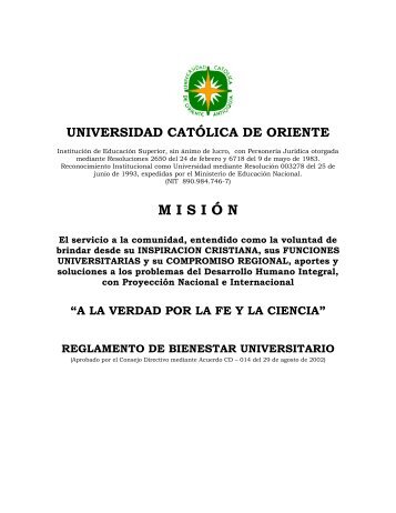 Reglamento de Bienestar Universitario. Acuerdo CD 14 2002