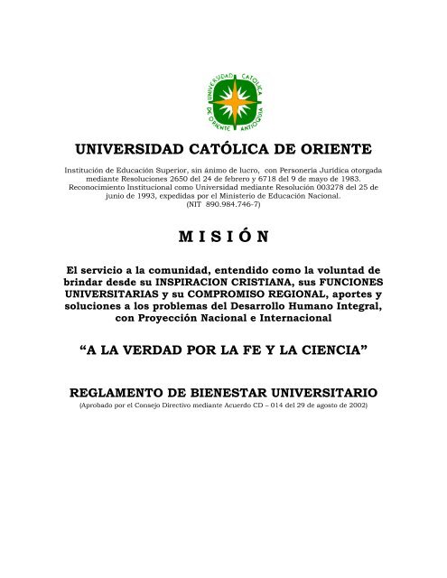 Reglamento de Bienestar Universitario. Acuerdo CD 14 2002