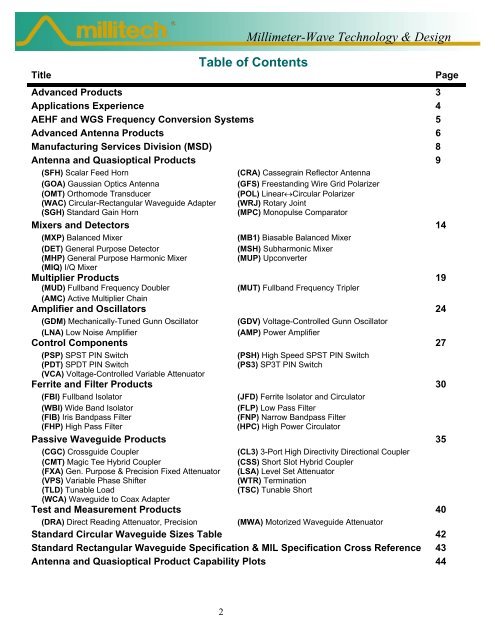 Download Millitech's Standard Products Catalog in Adobe .pdf format