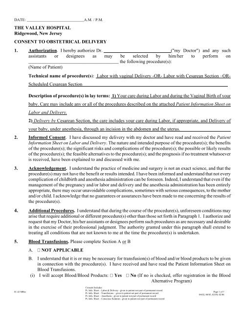 Obstetrical Delivery Consent Form - Valley Hospital