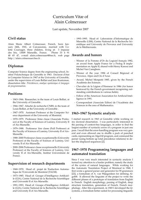 Curriculum VitÃƒÂ¦ of Alain Colmerauer Colmerauer, Alain Free