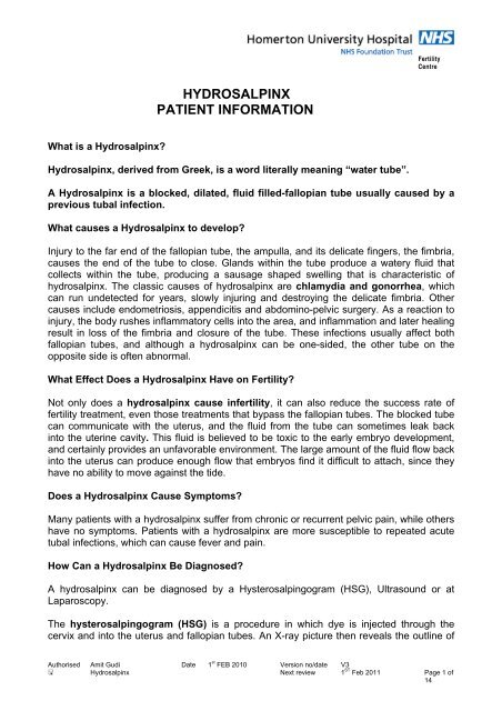 Hydrosalpinx Patient Information Homerton University Hospital