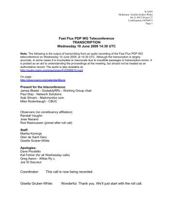 Fast Flux PDP WG Teleconference ... - GNSO - icann