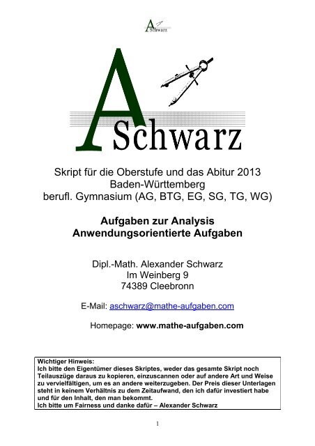 Skript für die Oberstufe und das  Abitur 2013 ... - Mathe-Aufgaben