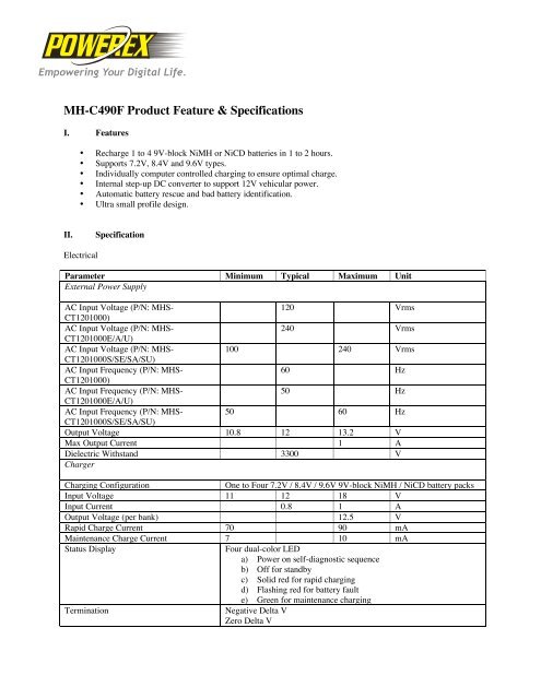 Download MH-C490F Spec - BatteriesInAFlash.com