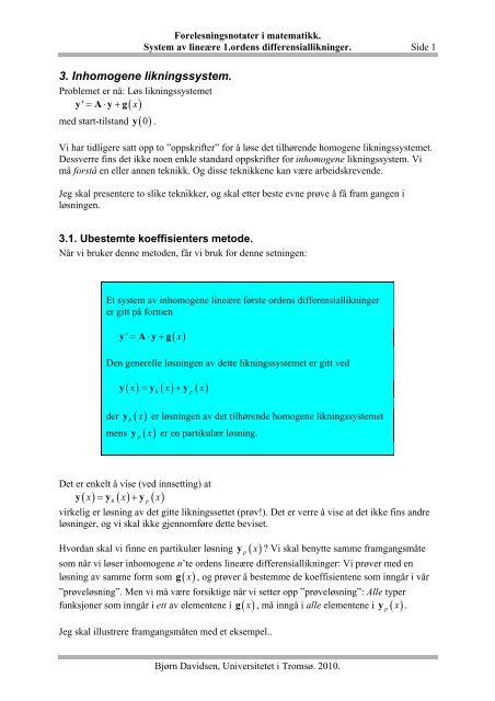 Inhomogene likningssystem - Universitetet i TromsÃ¸