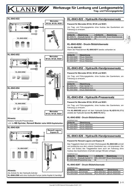 Werkzeuge für Lenkung und Lenkgeometrie - Res Trade