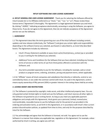 INTUIT SOFTWARE END USER LICENSE AGREEMENT A. INTUIT ...