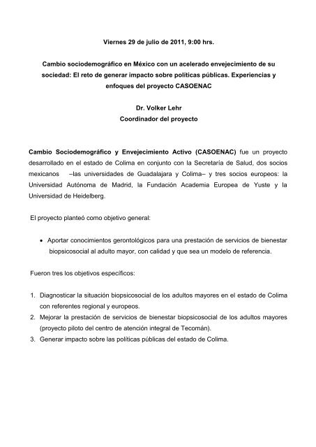 CASOENAC es un proyecto desarrollado en el Estado de Colima, la ...