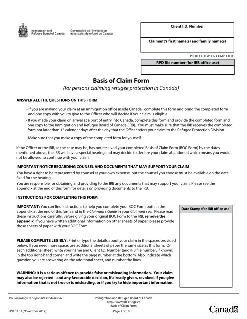 Basis of Claim Form - Immigration and Refugee Board of Canada