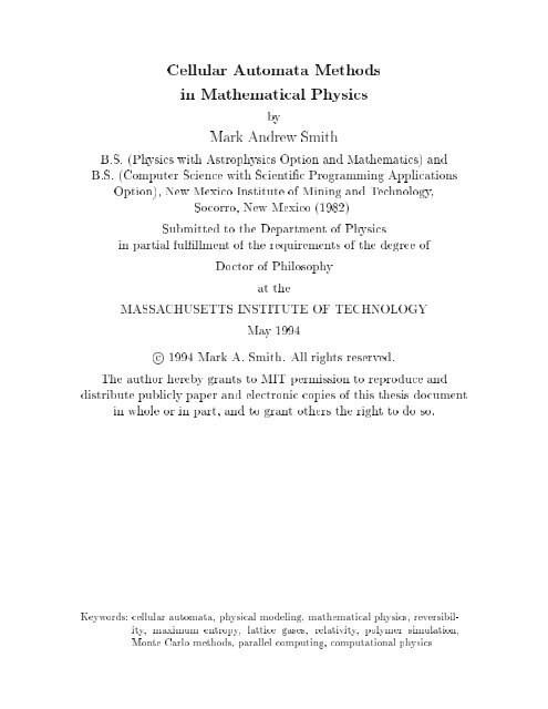 Cellular Automata Methods in Mathematical Physics
