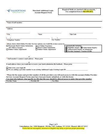 Maryland Additional Login Account Request Form Required fields ...