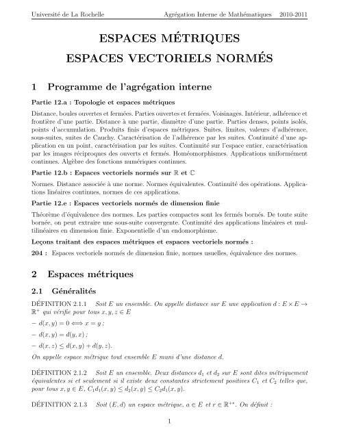 Espaces Ma A Etriques Espaces Vectoriels Norma A Es Universitaƒa C De