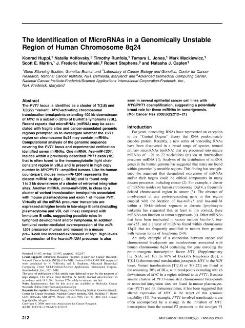 The Identification of MicroRNAs in a Genomically Unstable Region ...