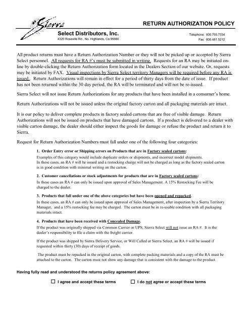 RA Request Form - Sierra Select Distributors
