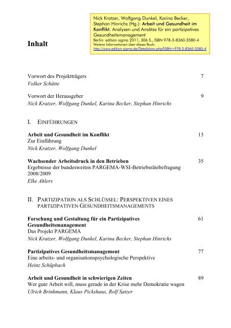 Kratzer et al. (Hg.): Arbeit und Gesundheit im Konflikt 2011 - Inhalt