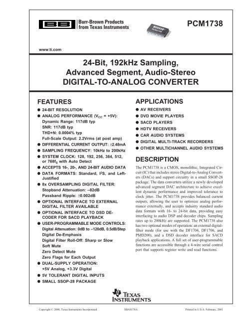 Burr Brown PCM1738 - 24-Bit, 192kHz Sampling.pdf - MaxDat