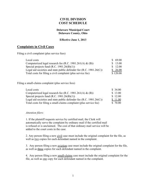 Civil & Small Claims Court Cost