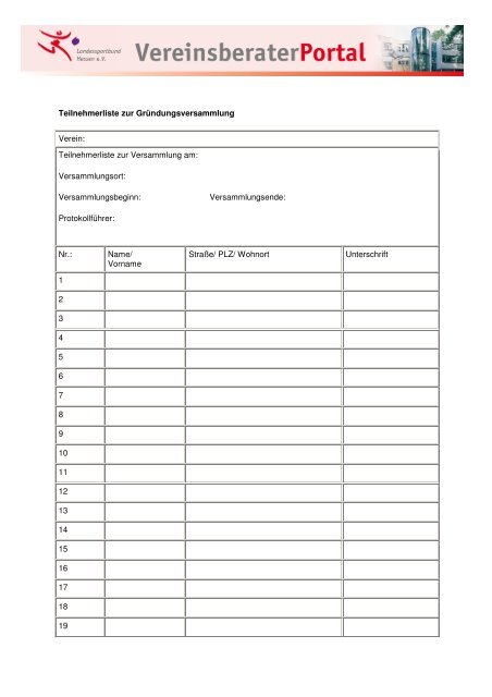 Teilnehmerliste Vereinsgründung - lsb h-Vereinsberater