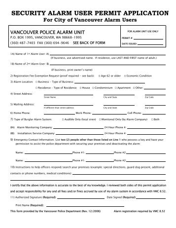 SECURITY ALARM USER REGISTRATION - City of Vancouver