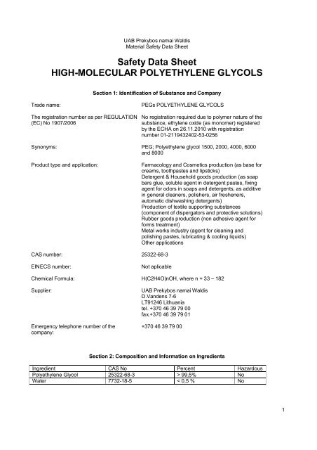 MSDS polyethylene glycols HM - Waldis