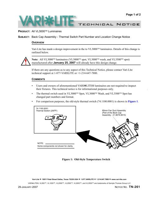 Thermal Switch Part Number and Location Change Notice - Vari-Lite