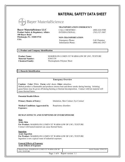 Makrolon® Lumen XT LW3 MSDS - Sheffield Plastics