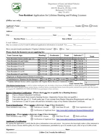 Non-Resident Application for Lifetime Hunting and Fishing Licenses