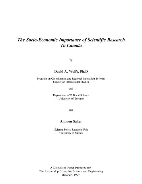 The Socio-Economic Importance of Scientific Research To Canada