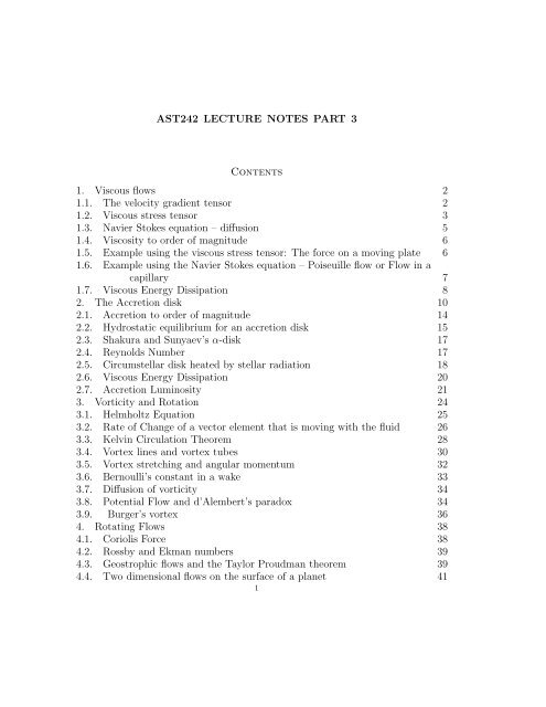 AST242 LECTURE NOTES PART 3 Contents 1. Viscous flows 1 1.1 ...