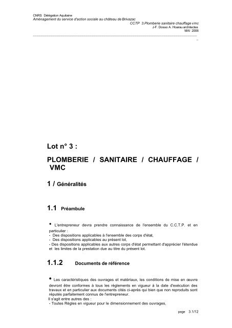 Lot n° 3 : PLOMBERIE / SANITAIRE / CHAUFFAGE / VMC ... - CNRS