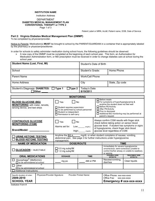 Diabetes Medical Management Plan (DMMP) Forms