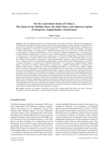 On the Lathrobium fauna of China I. The fauna of the Qinling Shan ...