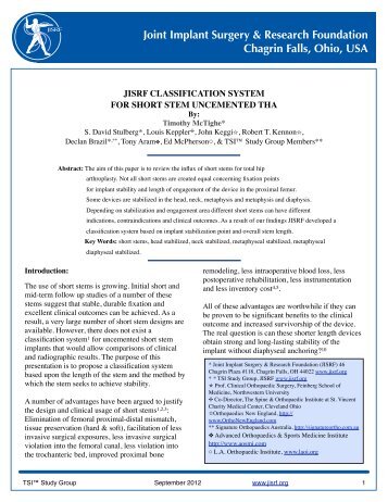 JISRF Classification System for Short Stem Uncemented THA