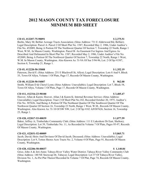 2012 MASON COUNTY TAX FORECLOSURE MINIMUM BID SHEET