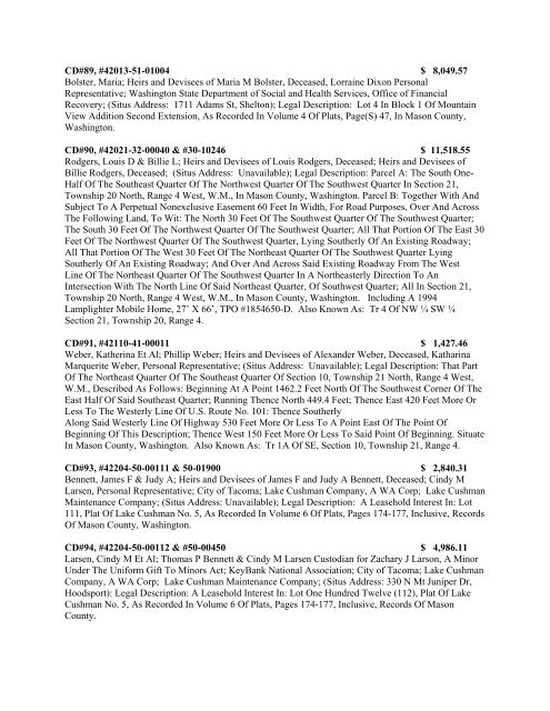 2012 MASON COUNTY TAX FORECLOSURE MINIMUM BID SHEET